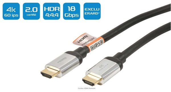 Cordon HDMI 2.0 4K et HDR certifié premium 4K UHD longueur 2 Mètres